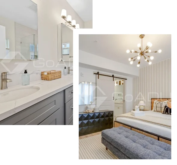 Modern adu with stylish bathroom and elegant bedroom featuring contemporary lighting.