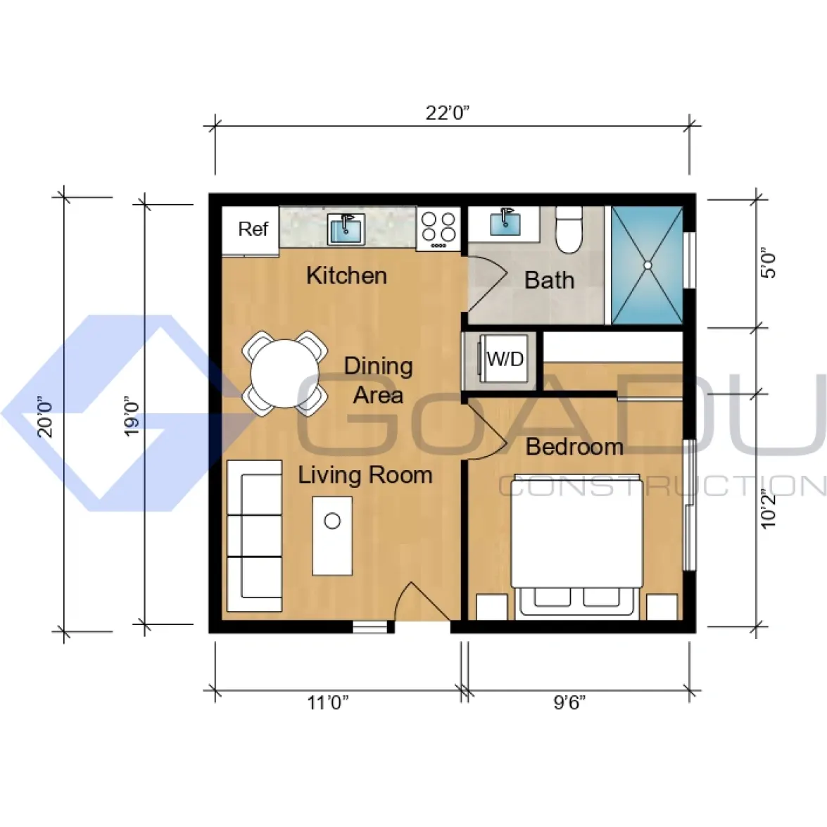 Los angeles adu floor plan with bedroom, bathroom, kitchen, dining area, living room, and laundry.