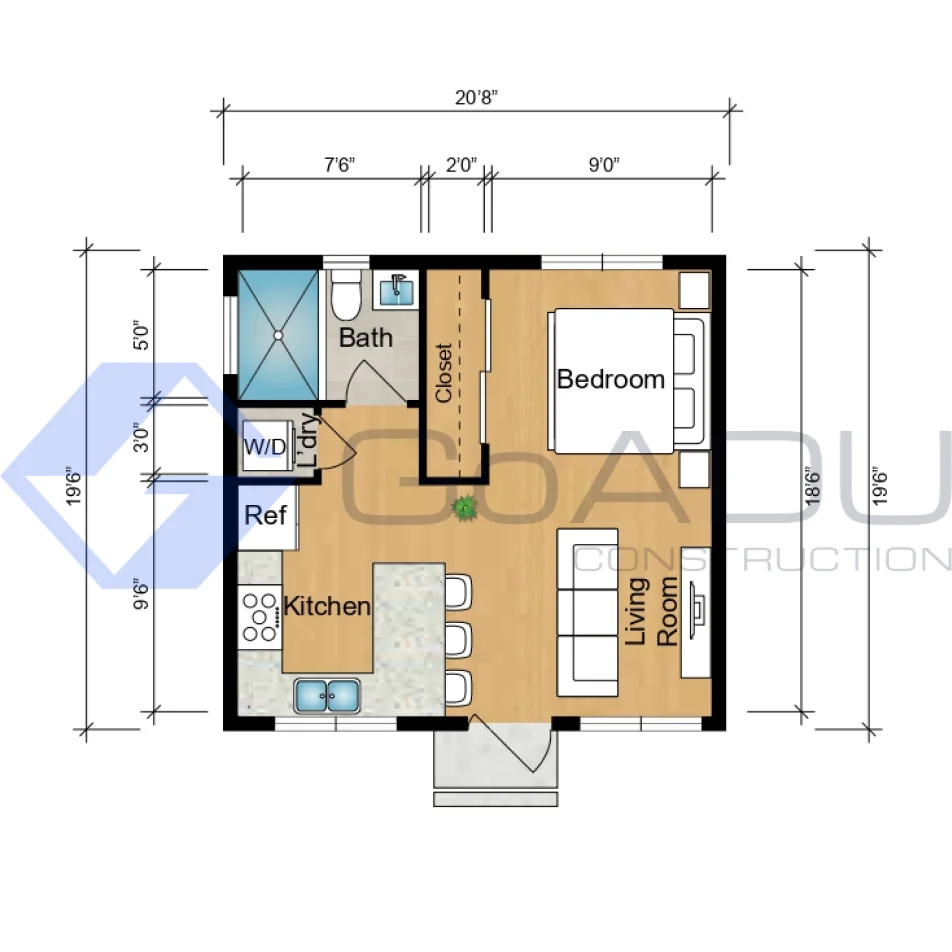 Adu floor plan with dimensions, featuring a bedroom, bathroom, kitchen, and living room.