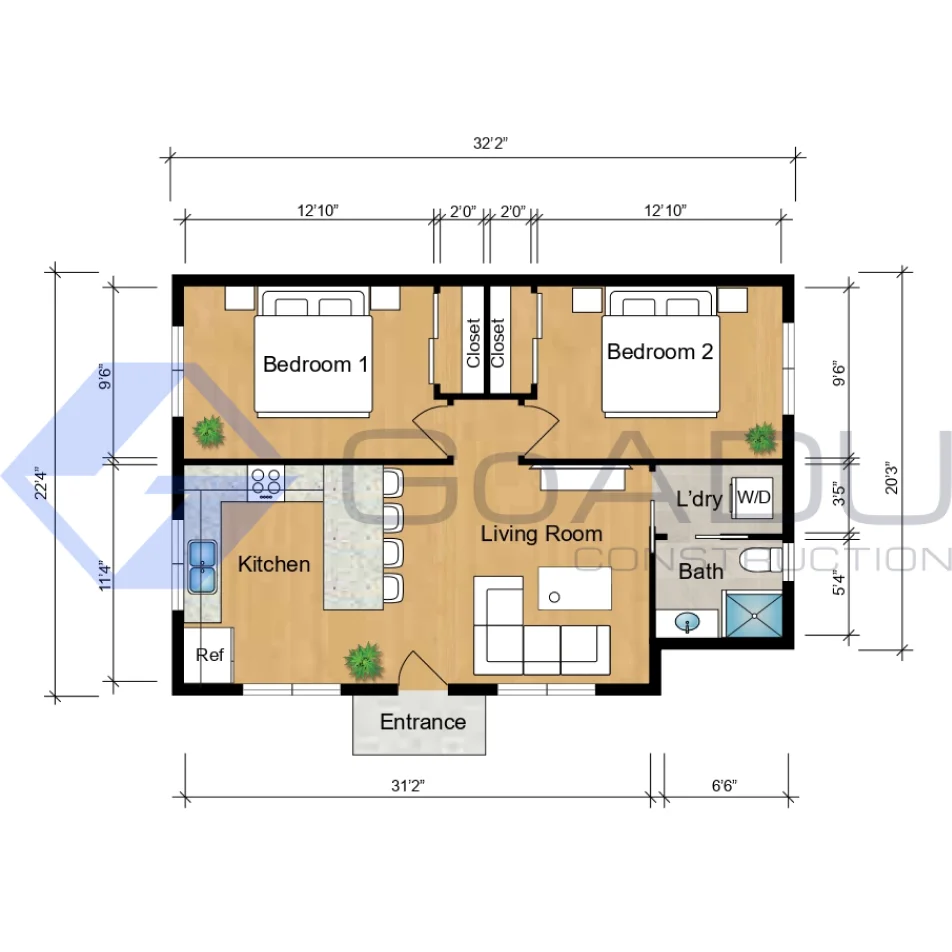 Adu floor plan with dimensions, featuring two bedrooms, bathroom, kitchen, living room, laundry area, and entrance.