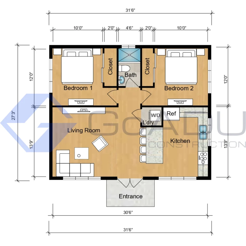 Adu floor plan with two bedrooms, bathroom, kitchen, living room, laundry, and entrance.