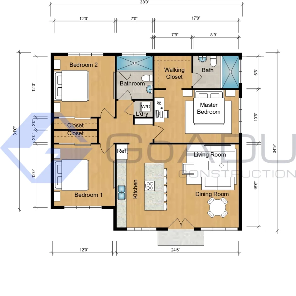 Adu floor plan with three bedrooms, two bathrooms, kitchen, living room, dining room, laundry, and walk-in closet.